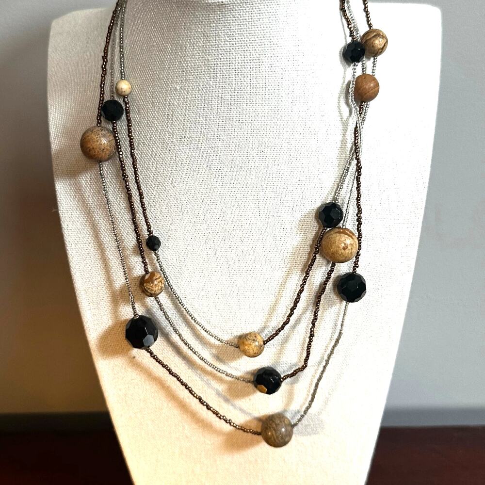 White House Black Market Beaded Necklace 3 Strand Layered WHBM 17" Brown Casual